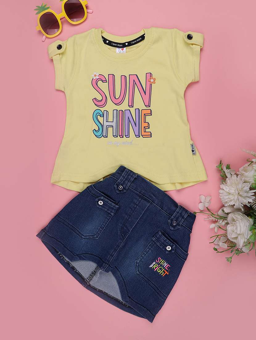 girls printed round neck top and skirt set