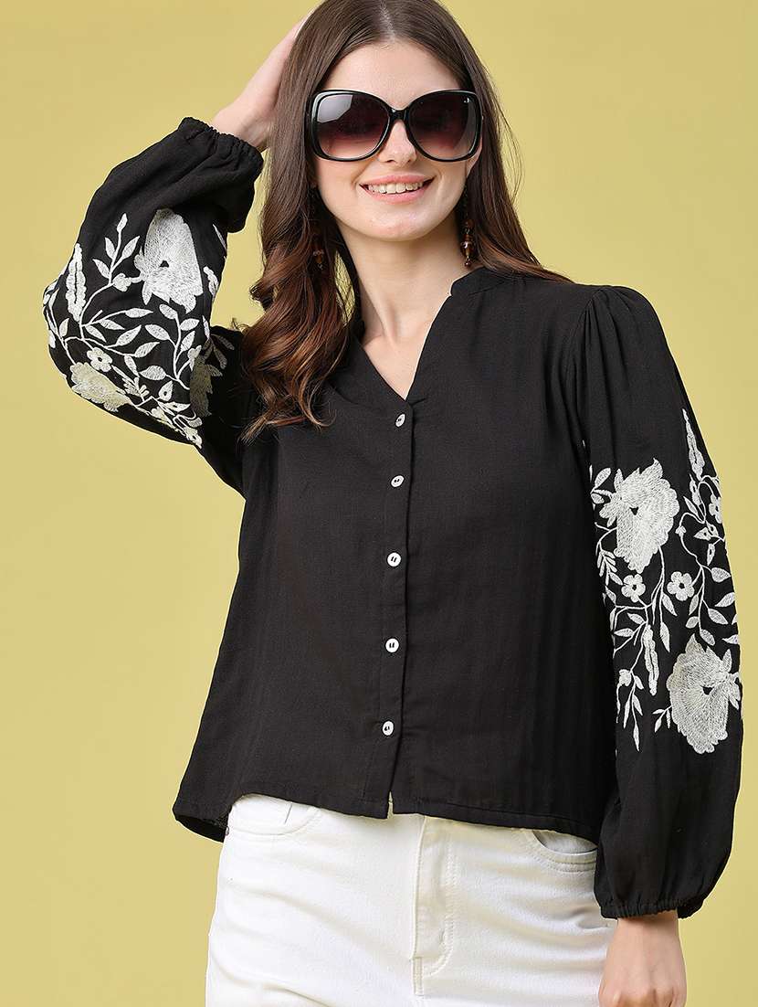 women embroidered long sleeves shirt style top