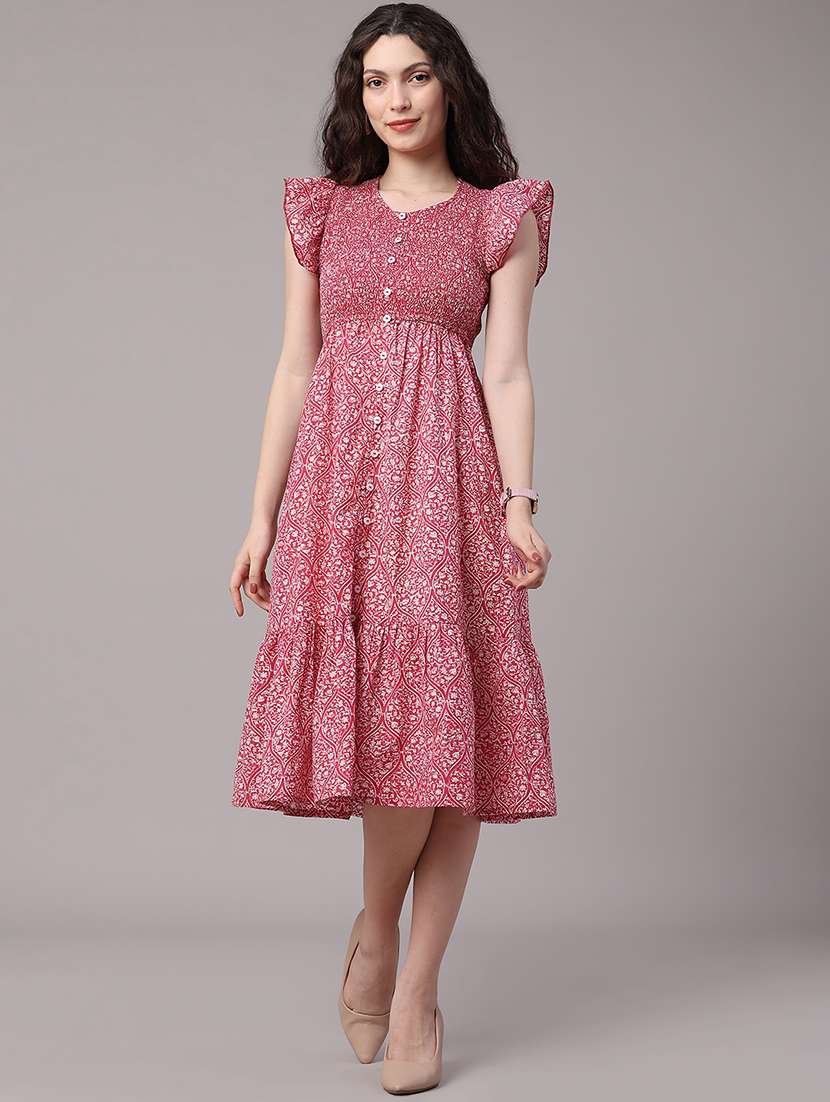 women printed ruffled sleeves tiered dress