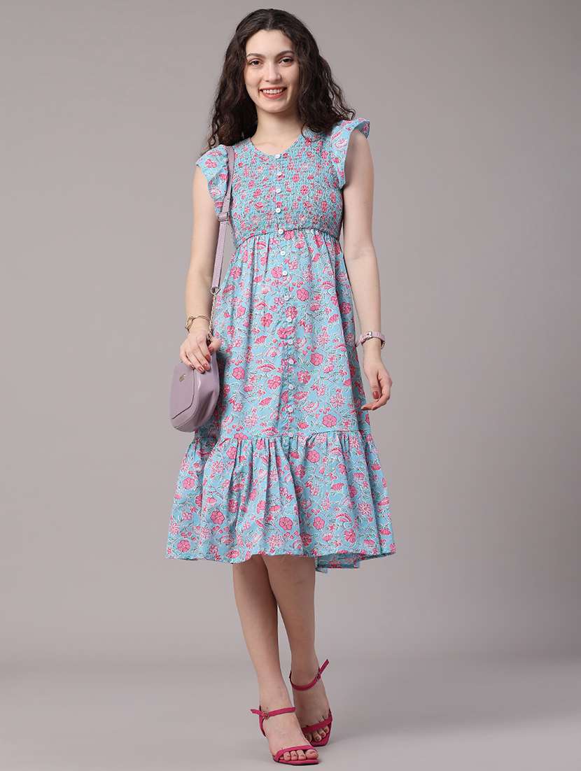 women printed ruffled sleeves tiered dress