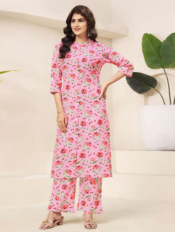 women floral three quarter sleeve ethnic co-ord set
