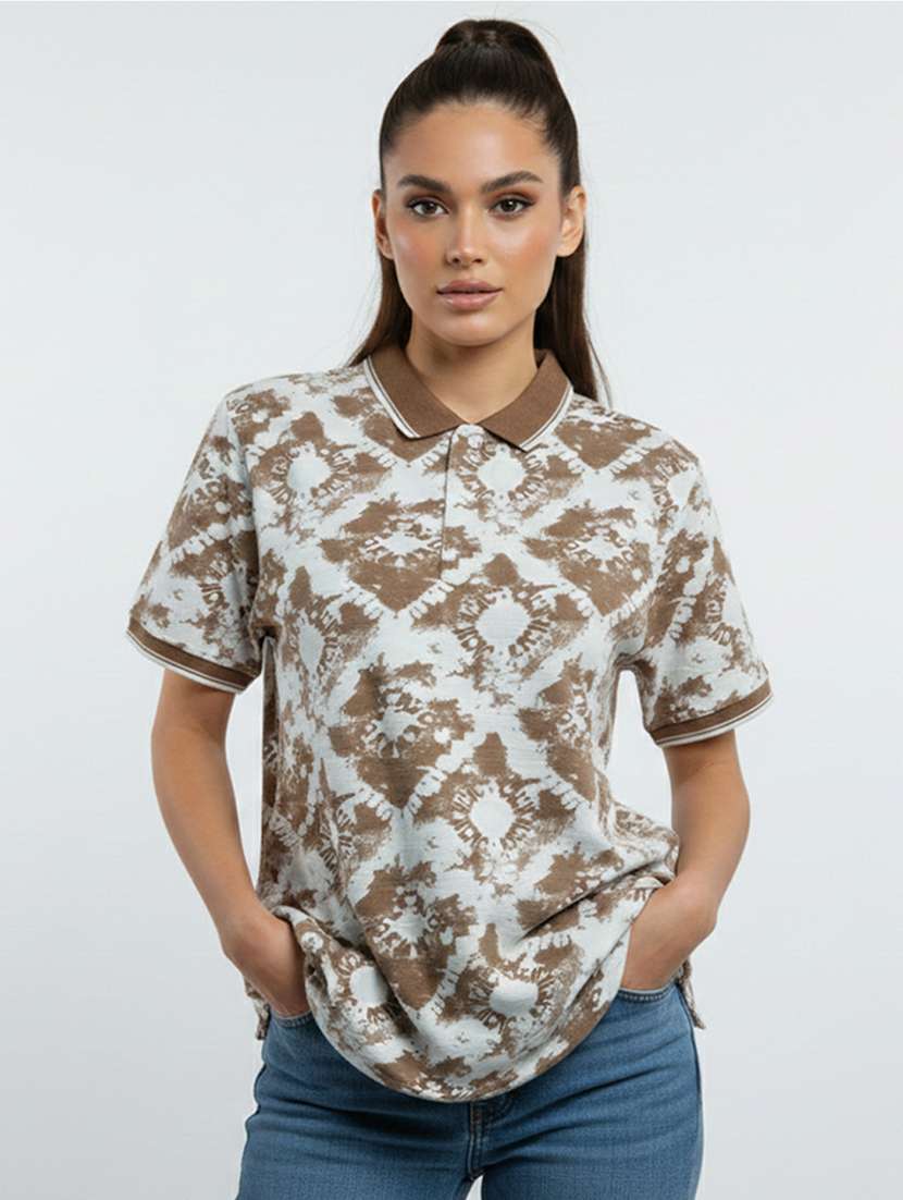 women printed short sleeve oversized polo t-shirt
