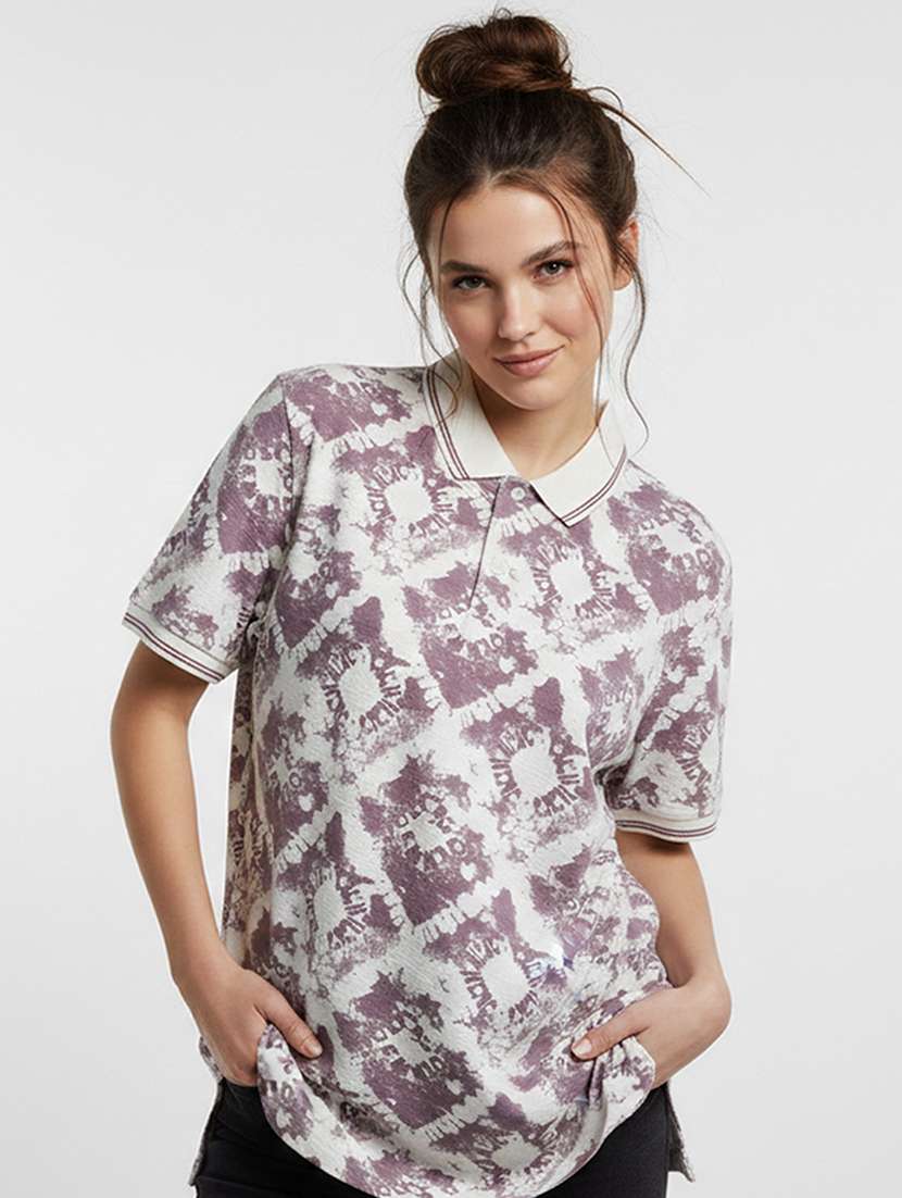 women printed short sleeve oversized polo t-shirt