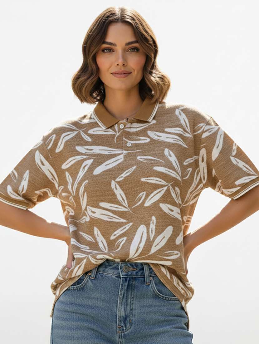 women printed short sleeve oversized polo t-shirt