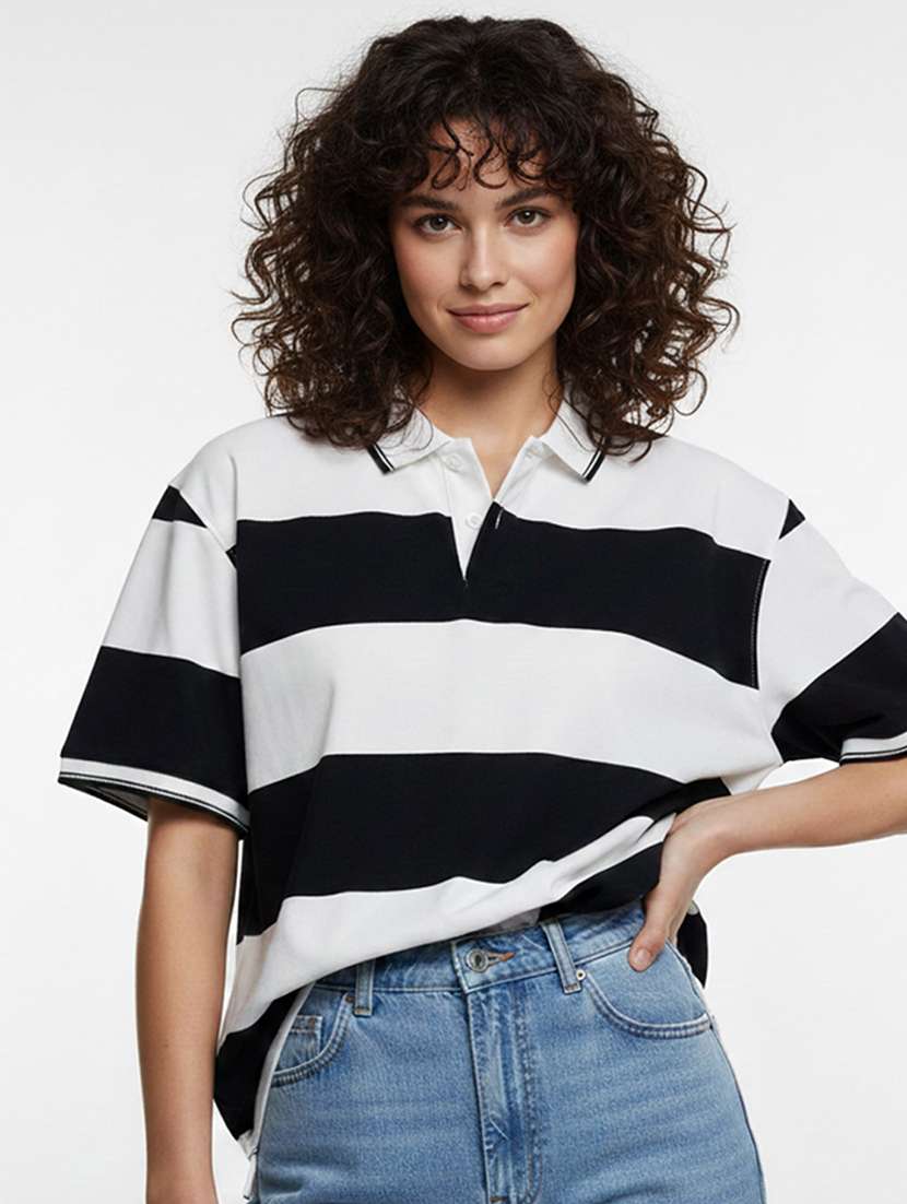 women striped short sleeve oversized polo t-shirt
