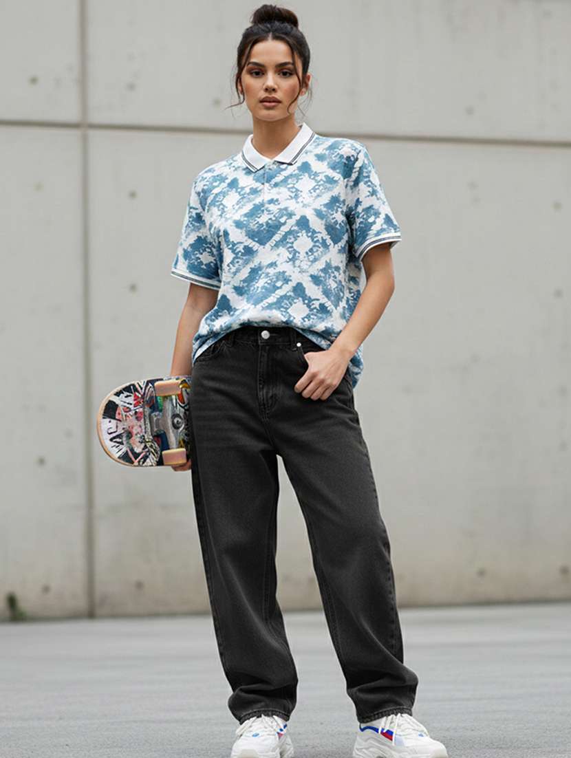 women printed short sleeve oversized polo t-shirt