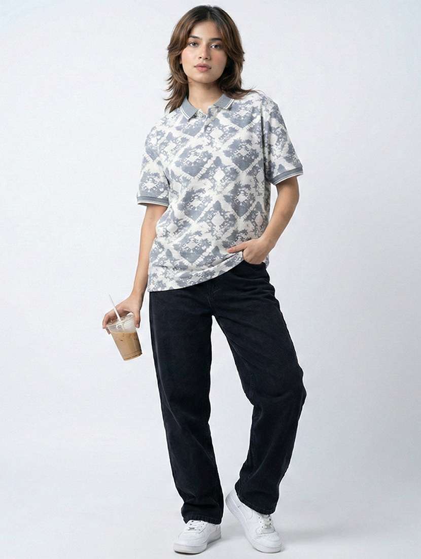 women printed short sleeve oversized polo t-shirt