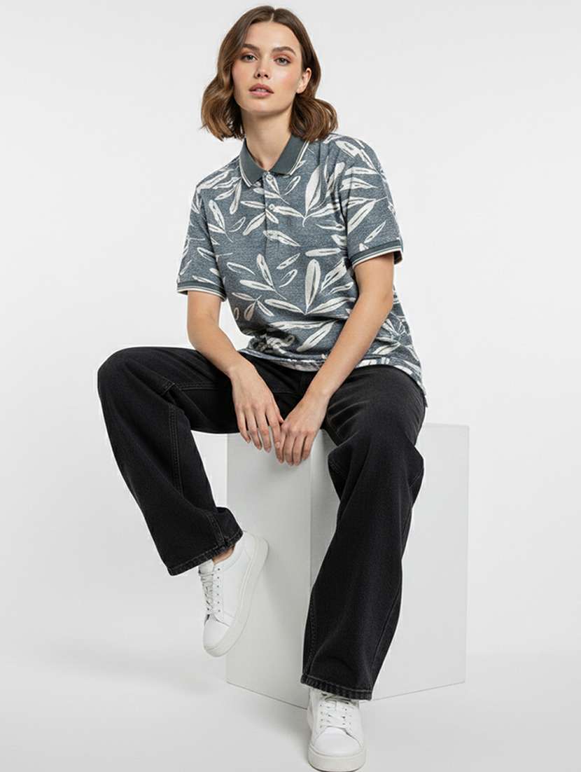 women printed short sleeve oversized polo t-shirt