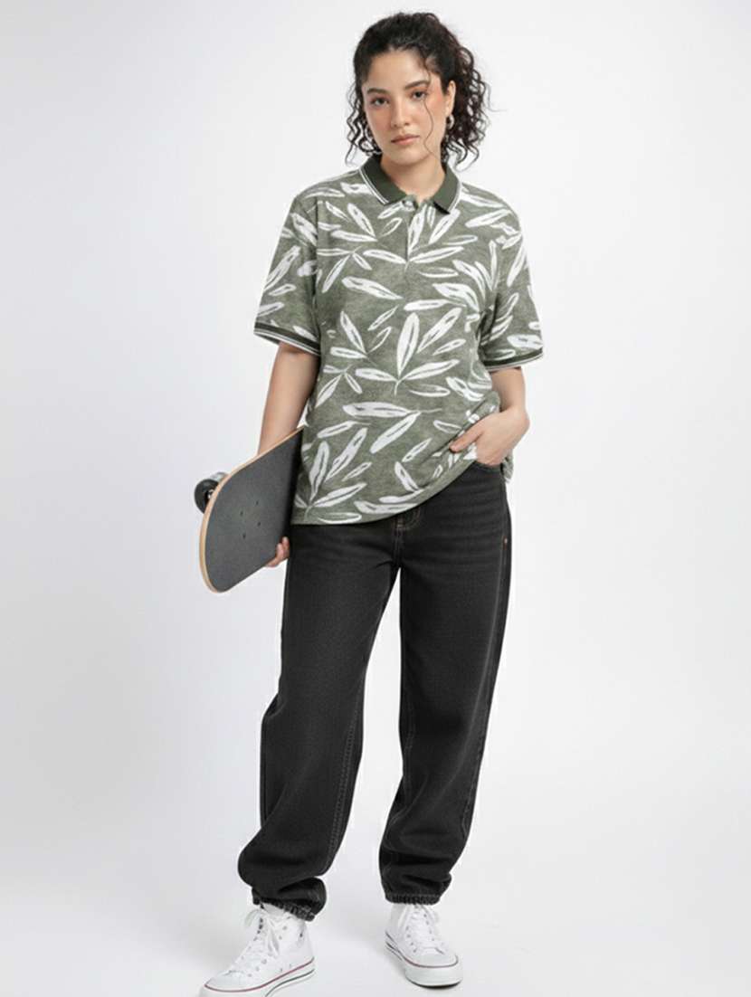 women printed short sleeve oversized polo t-shirt