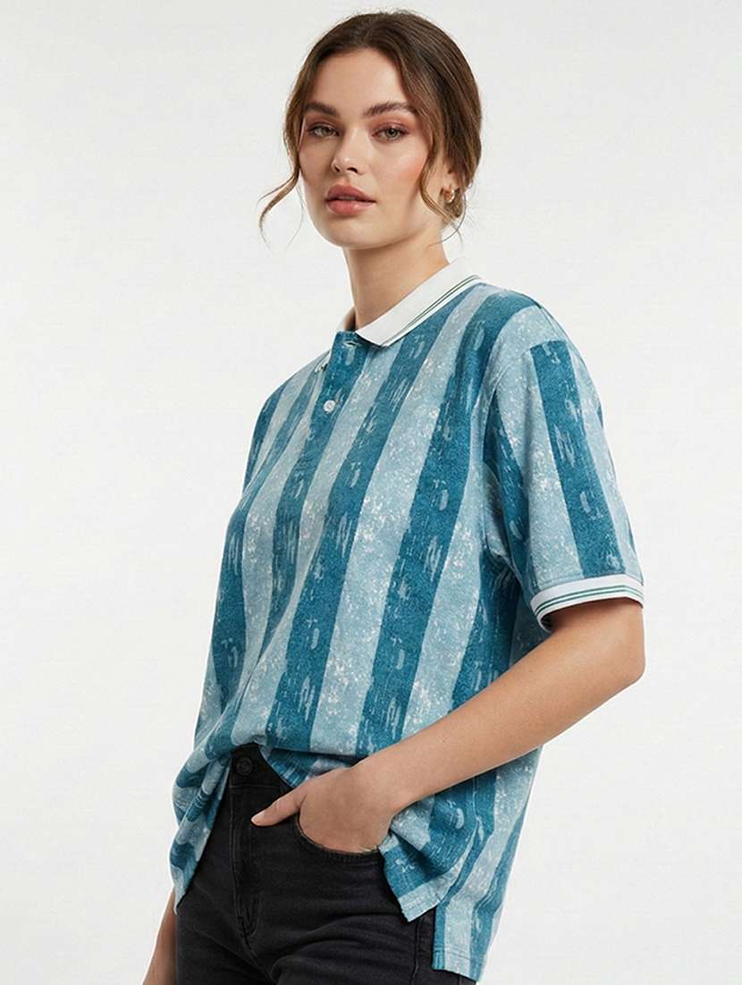 women striped short sleeve oversized polo t-shirt