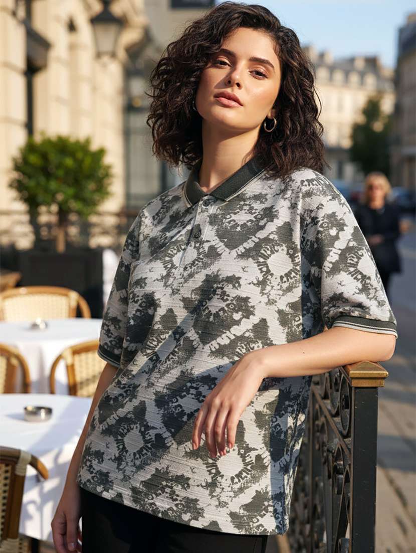 women printed short sleeve oversized polo t-shirt