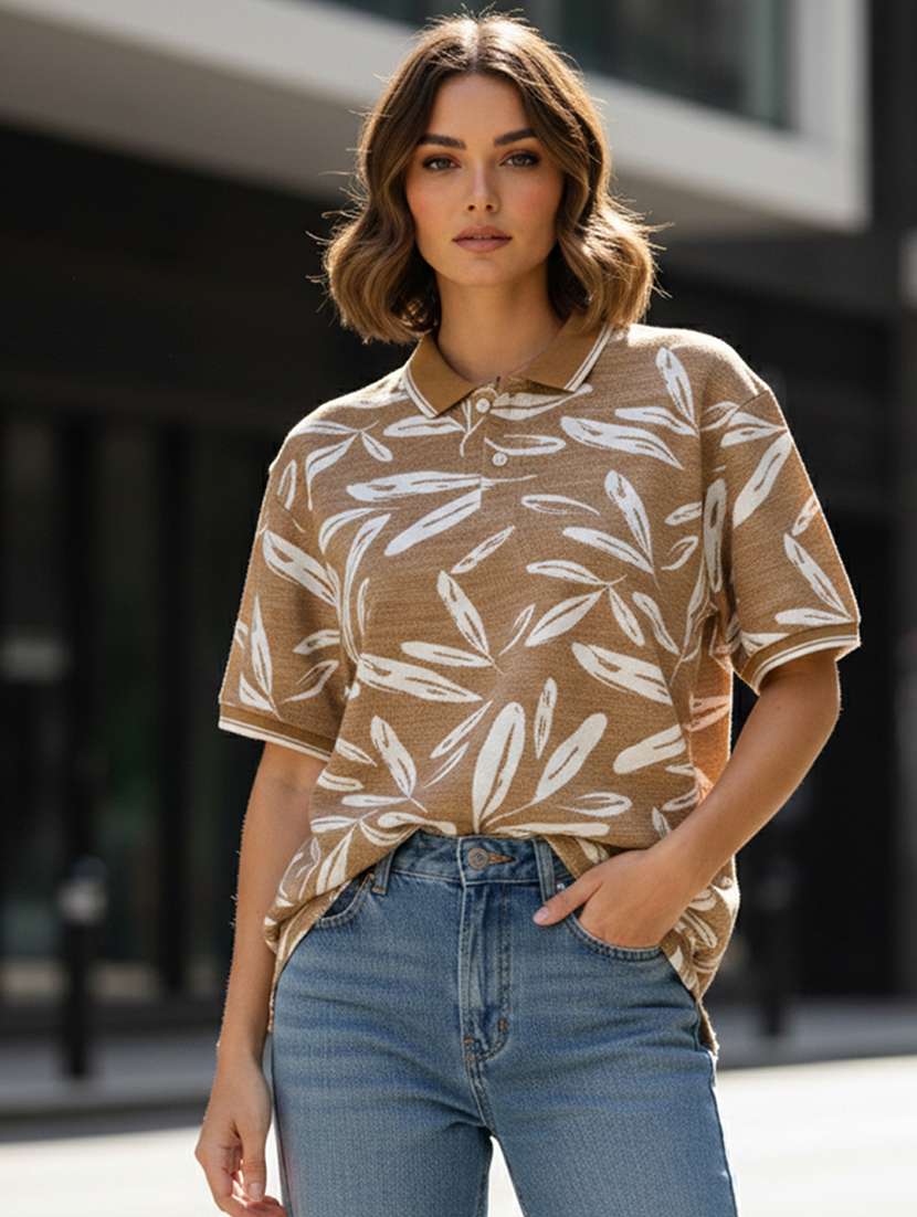 women printed short sleeve oversized polo t-shirt