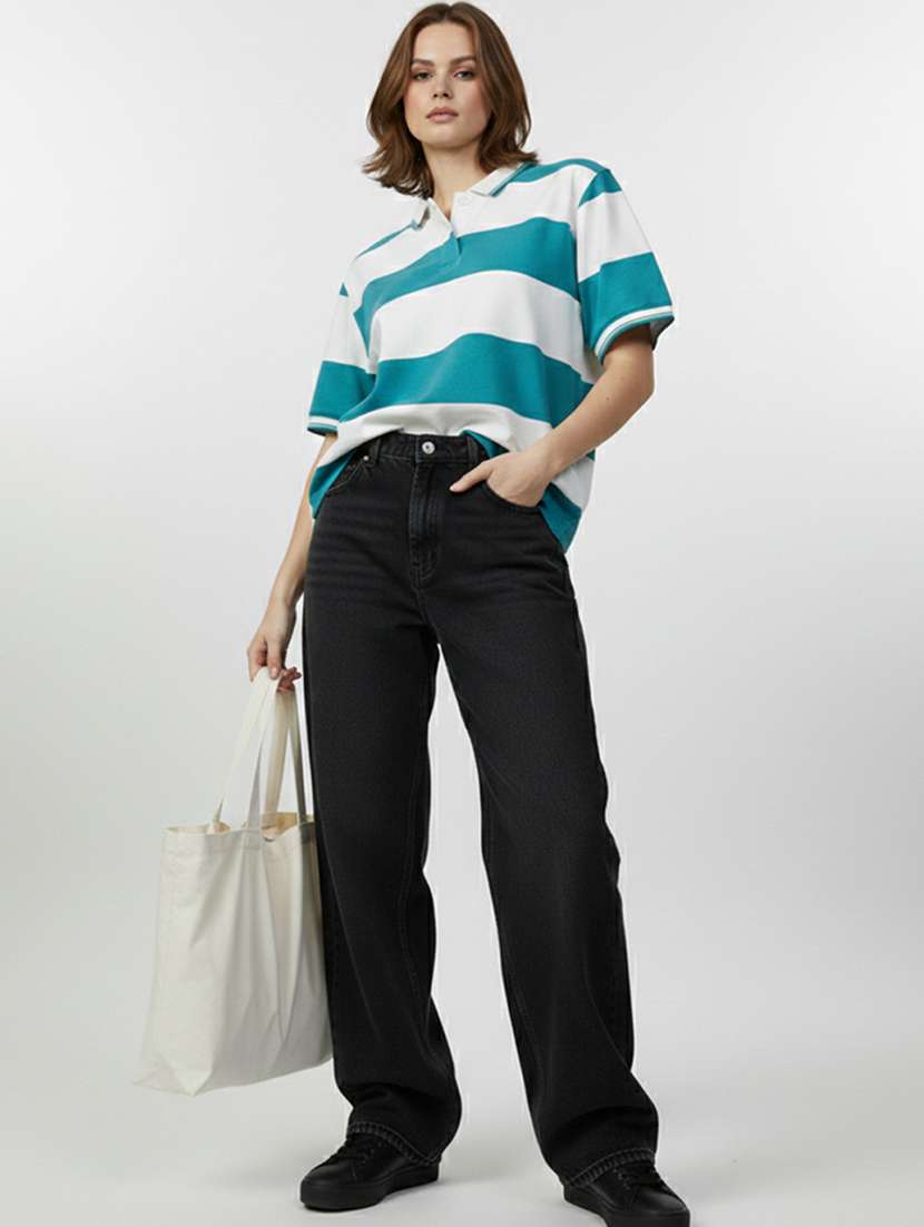 women striped short sleeve oversized polo t-shirt - 22374201 -  Standard Image - 3