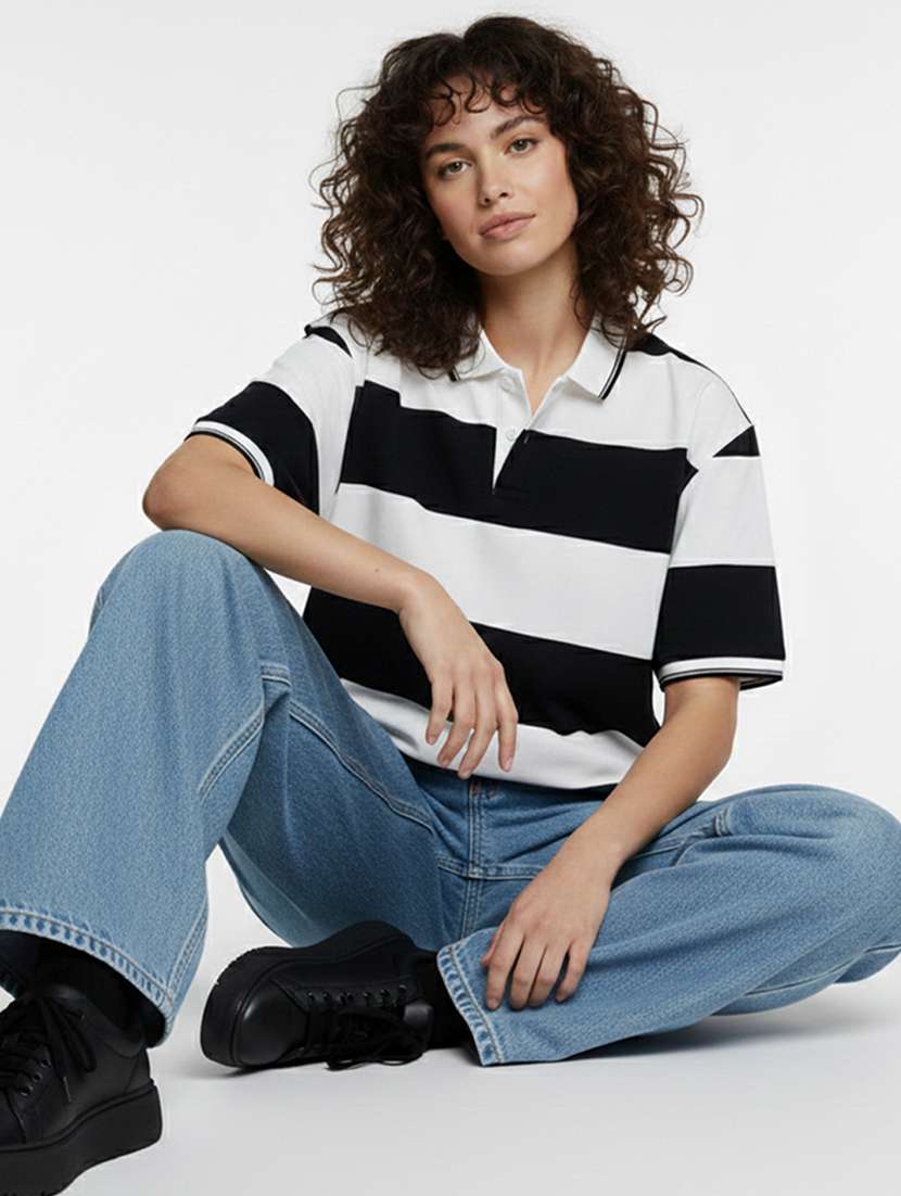 women striped short sleeve oversized polo t-shirt - 22374203 -  Standard Image - 3