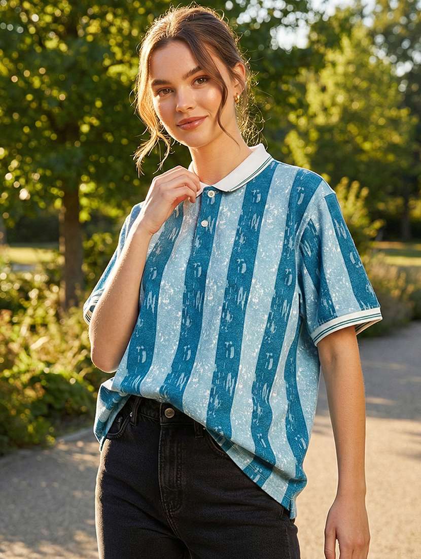 women striped short sleeve oversized polo t-shirt