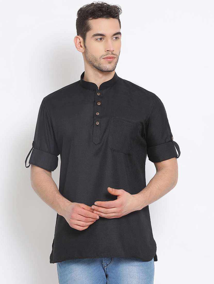 men solid long sleeve short kurta 