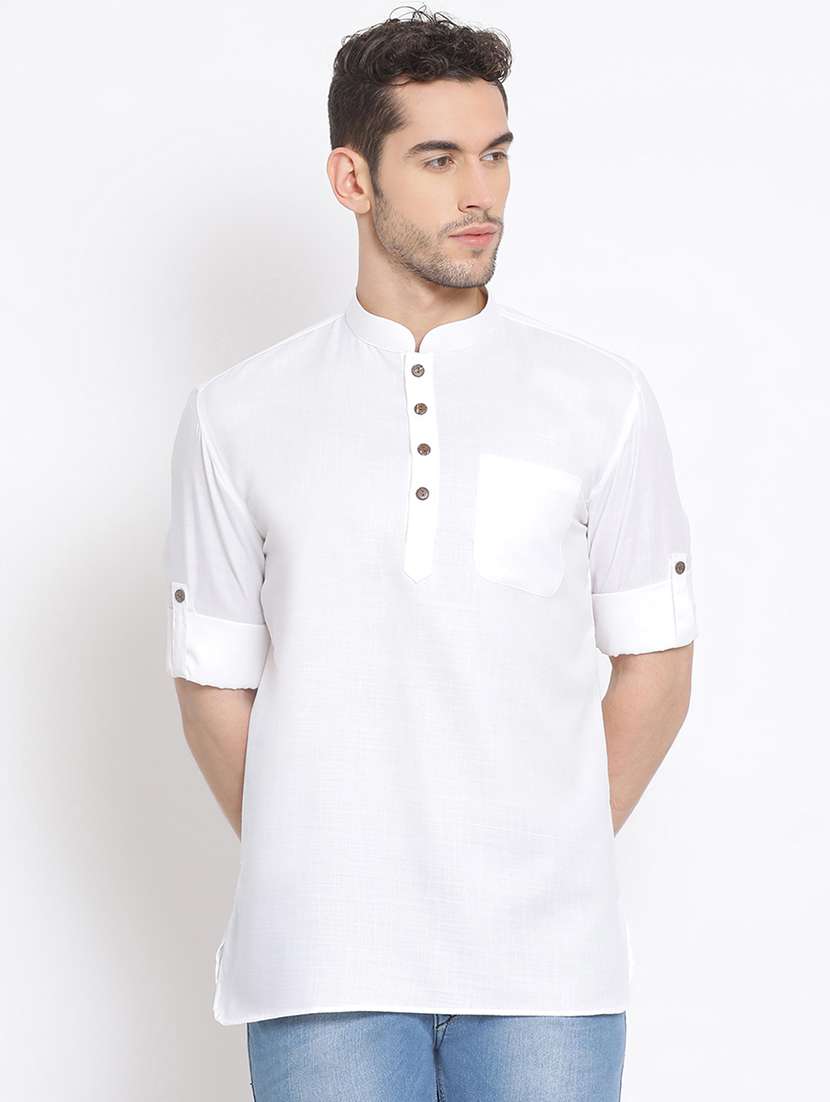 men solid long sleeve short kurta