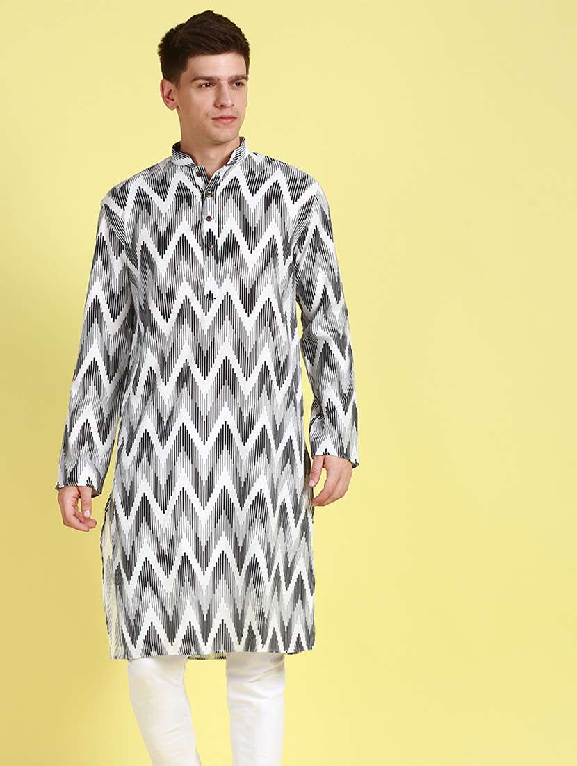 men printed mandarin neck long kurta