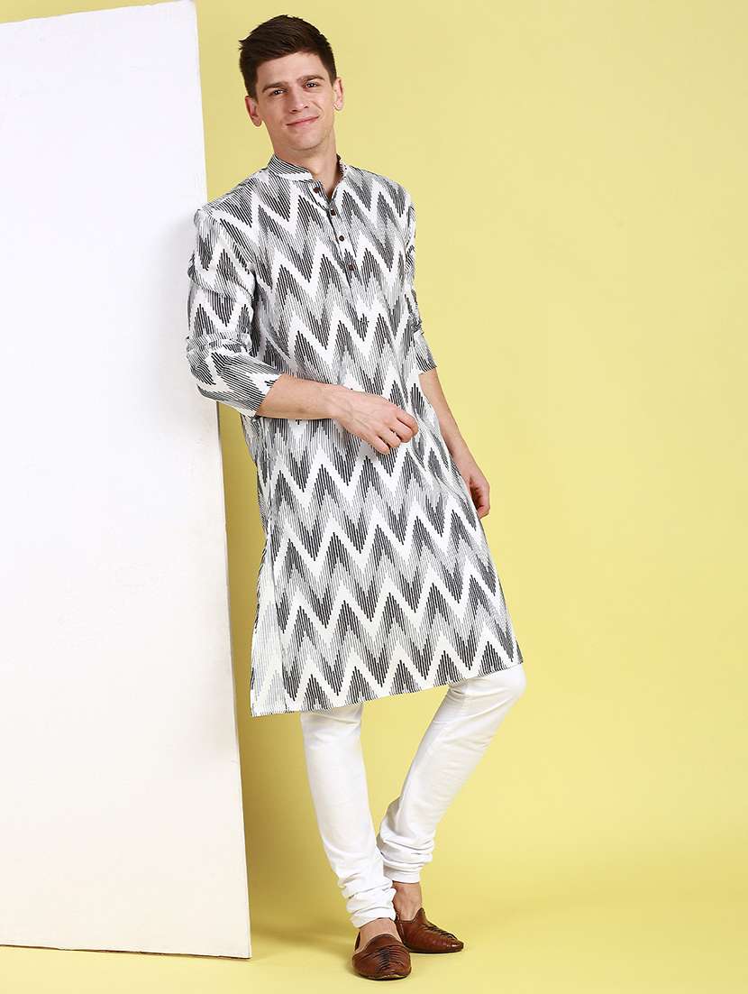 men printed mandarin neck long kurta - 22374423 -  Standard Image - 3