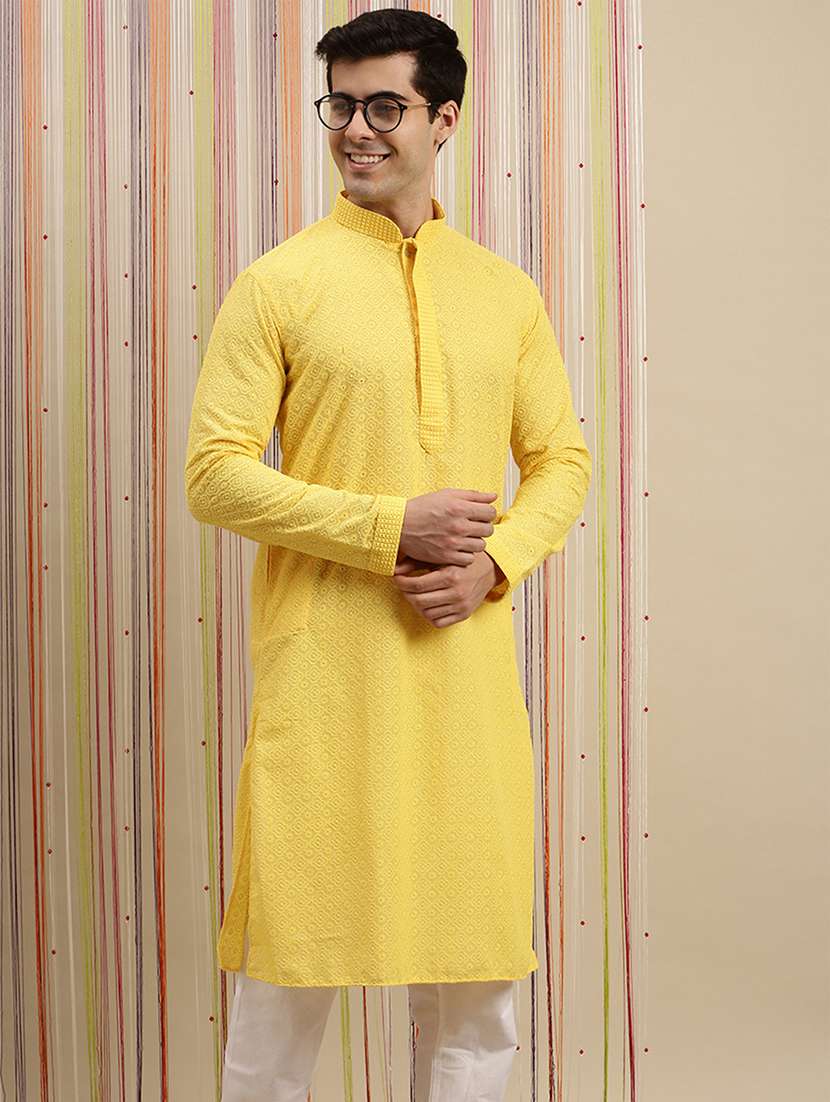 men self design long sleeve kurta