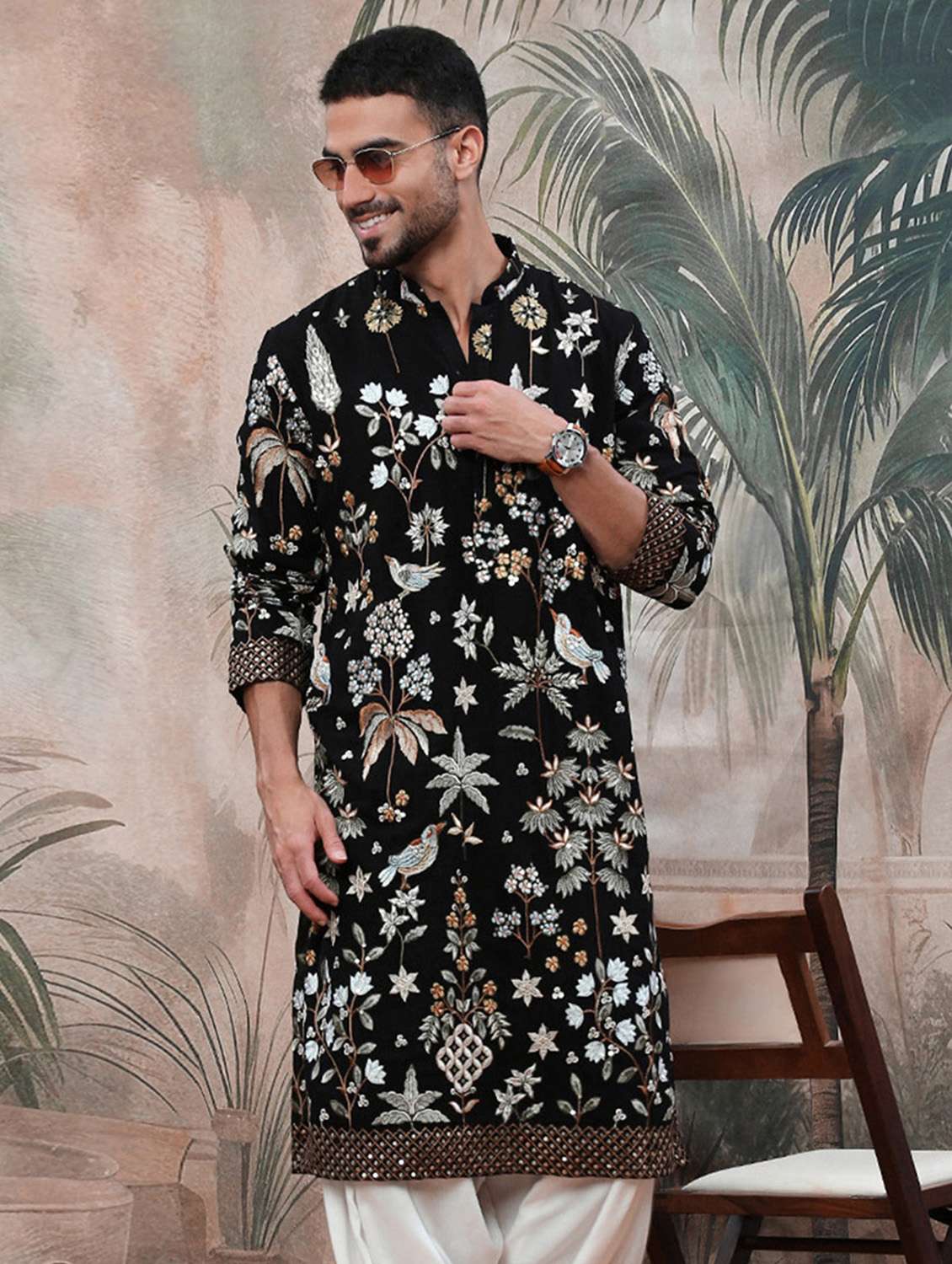 men solid with work mandarin neck long kurta