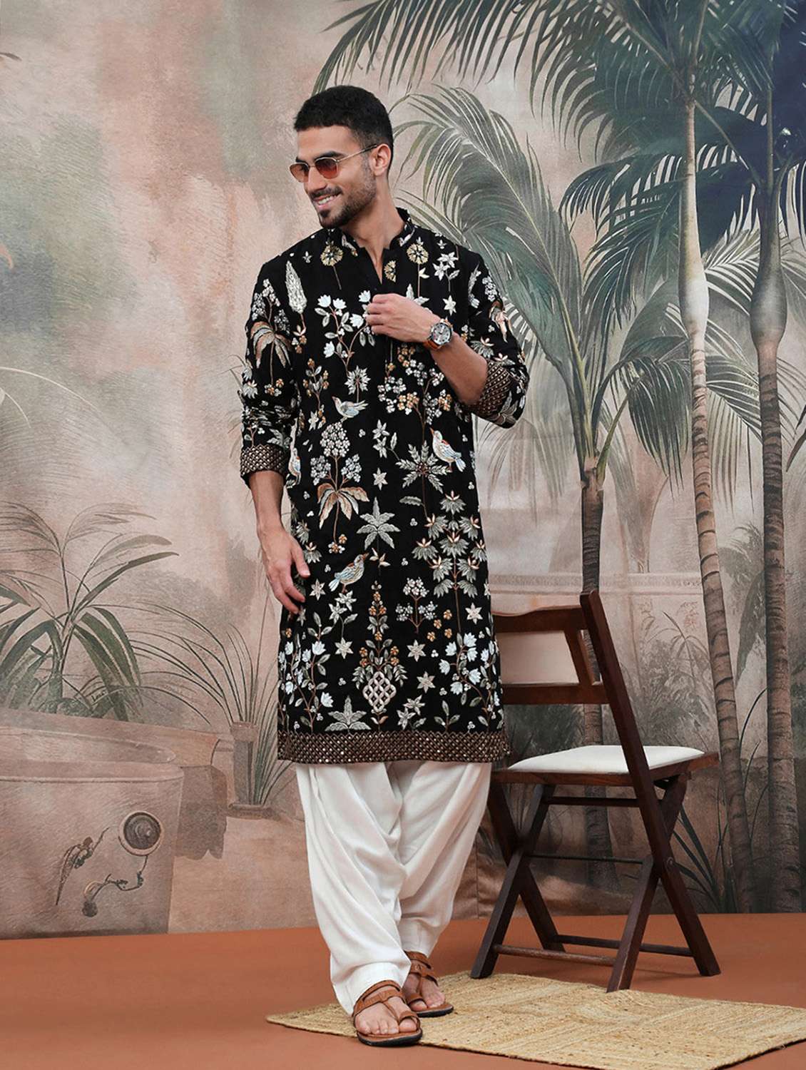 men solid with work mandarin neck long kurta - 22374563 -  Standard Image - 3