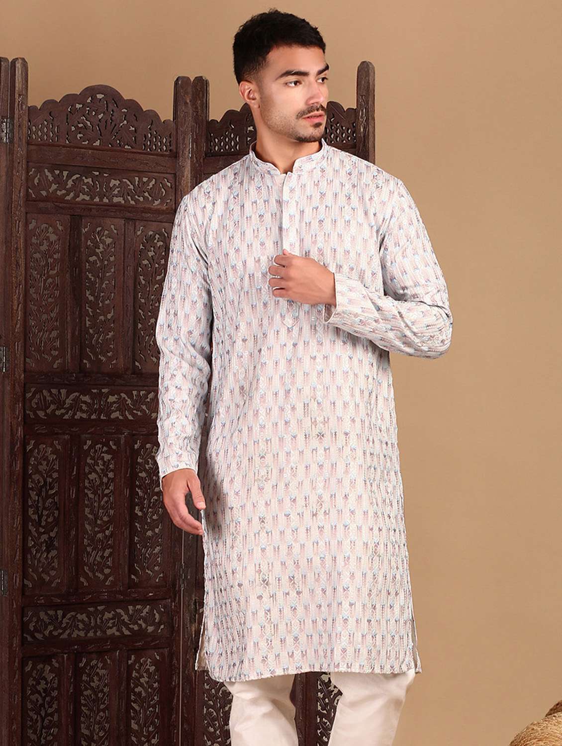 men printed mandarin neck long kurta