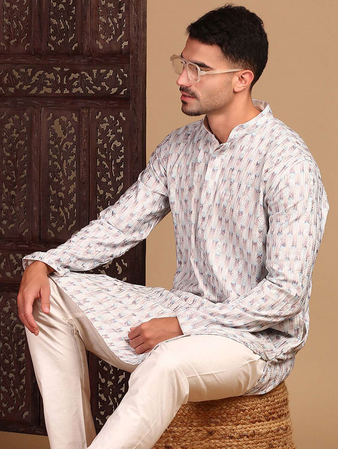 men printed mandarin neck long kurta - 22374567 -  Standard Image - 3