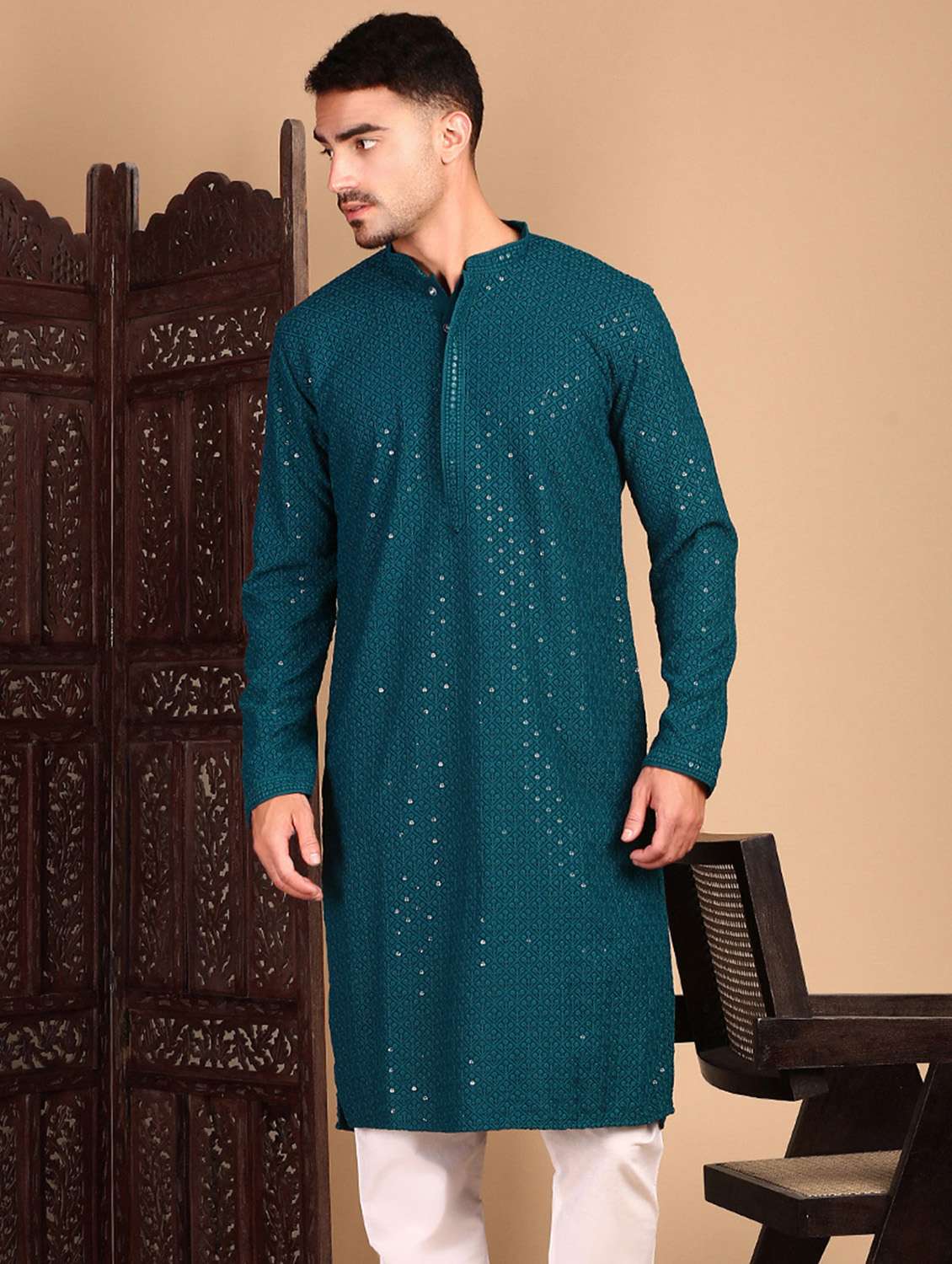 men solid with work mandarin neck long kurta