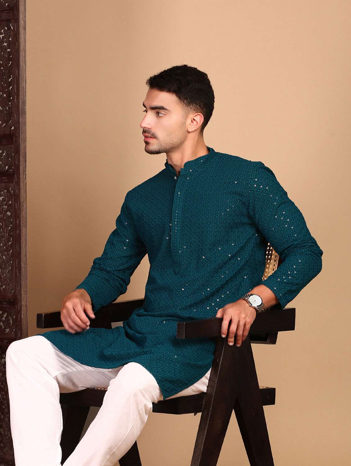 men solid with work mandarin neck long kurta - 22374576 -  Standard Image - 3