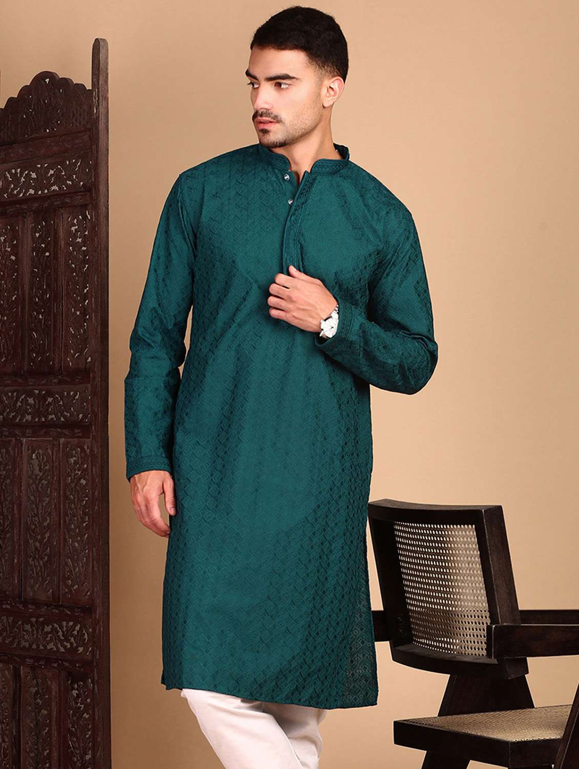 men solid with work mandarin neck long kurta