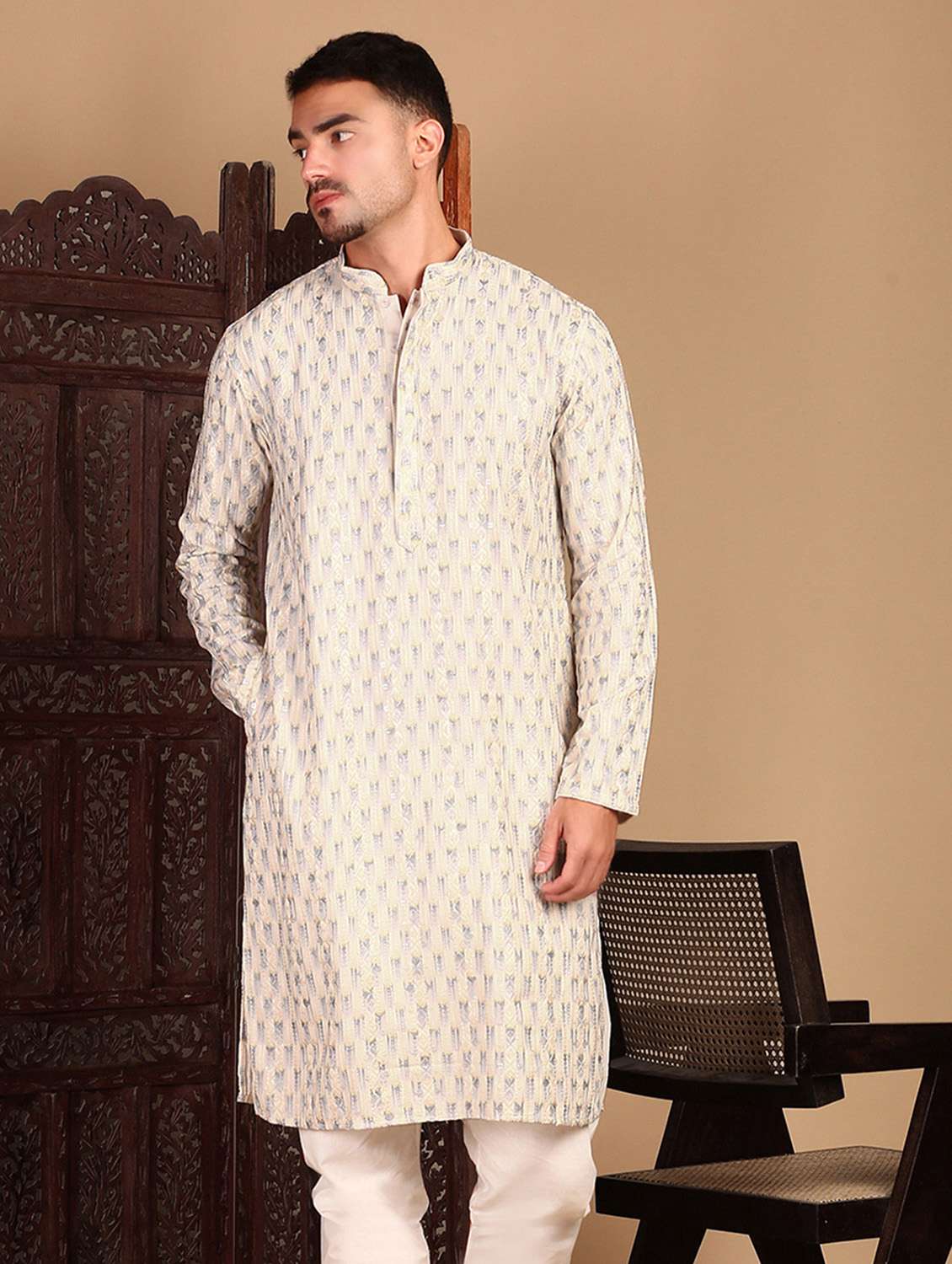 men printed mandarin neck long kurta