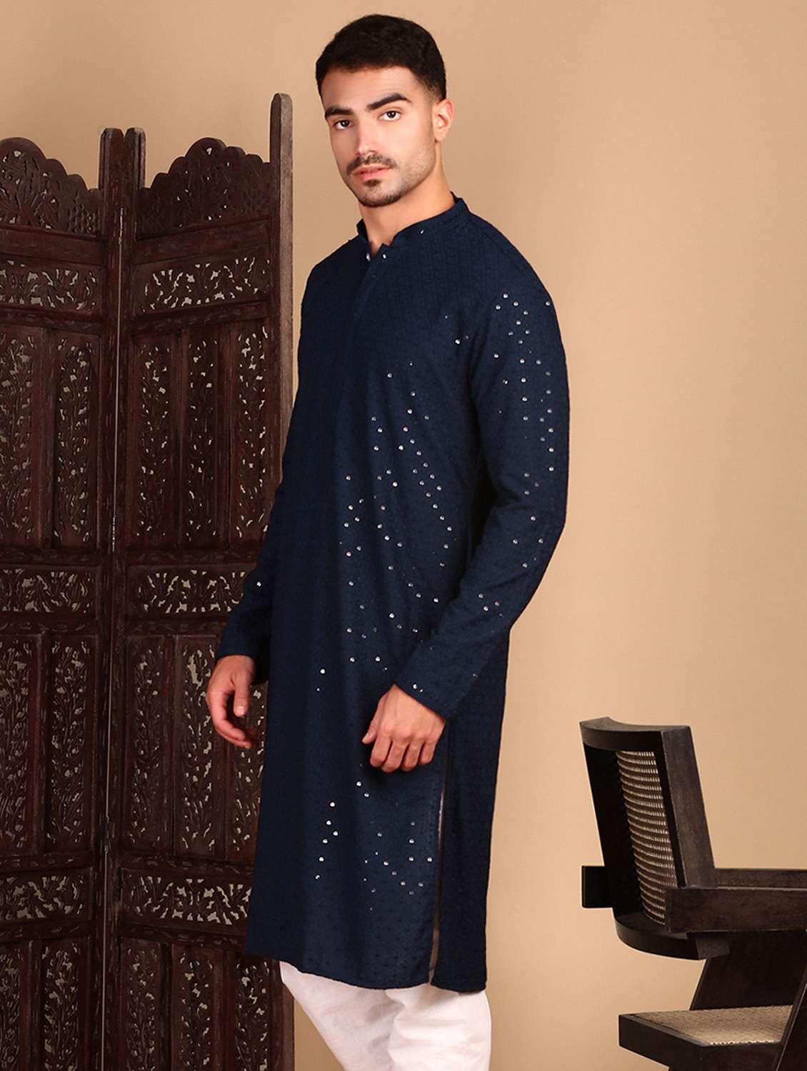 men self design kurta and churidar set