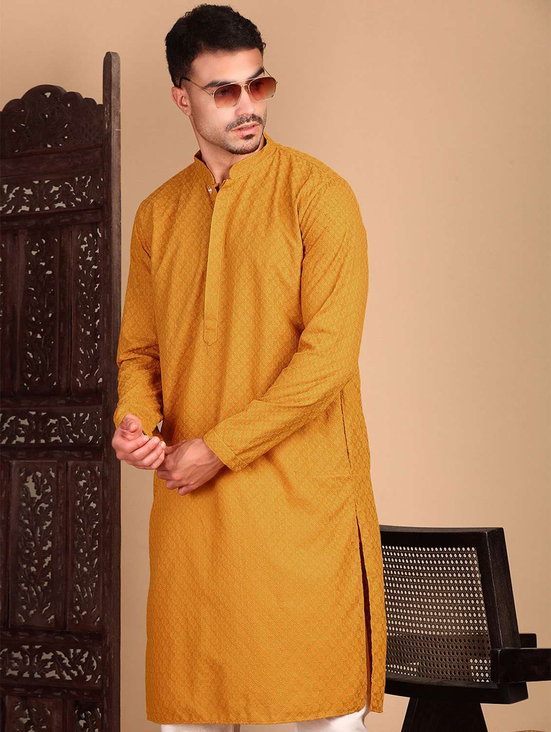 men solid with work mandarin neck long kurta