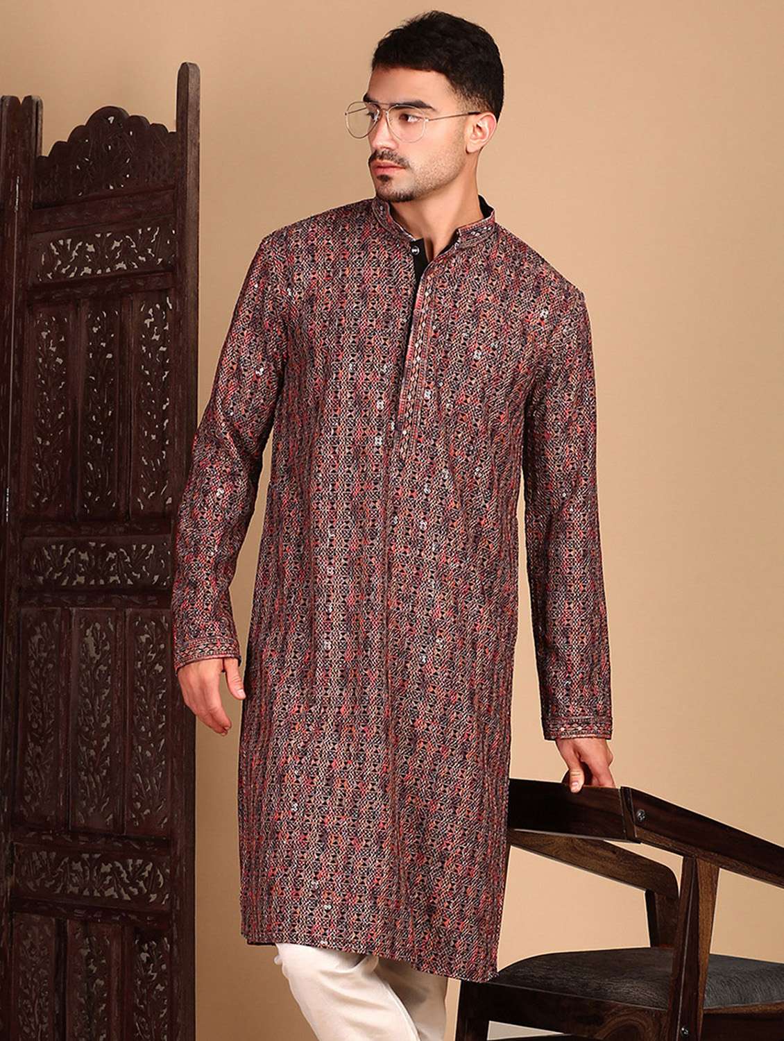 men printed mandarin neck long kurta