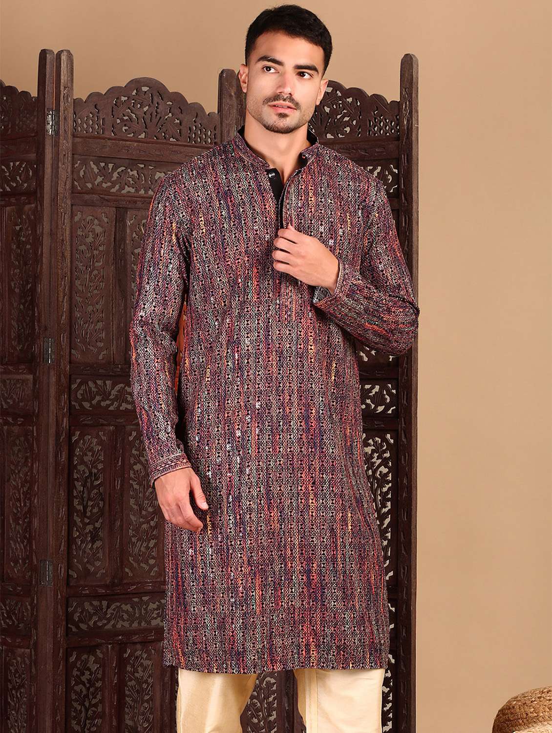 men self design long sleeve kurta