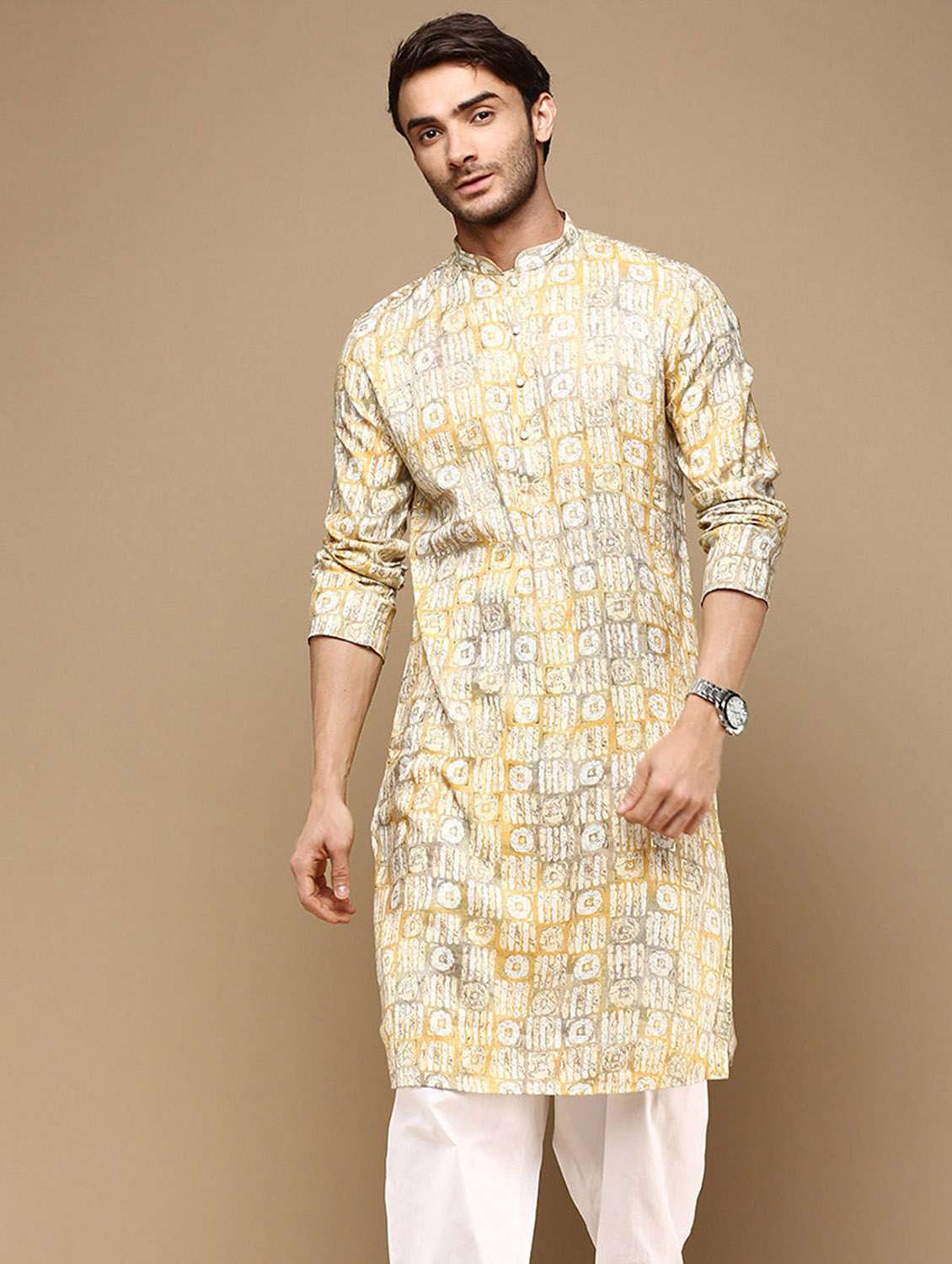 men printed long sleeve kurta