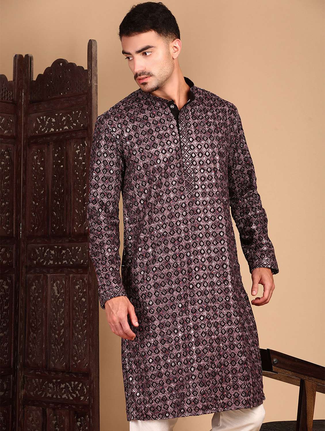 men printed mandarin neck long kurta