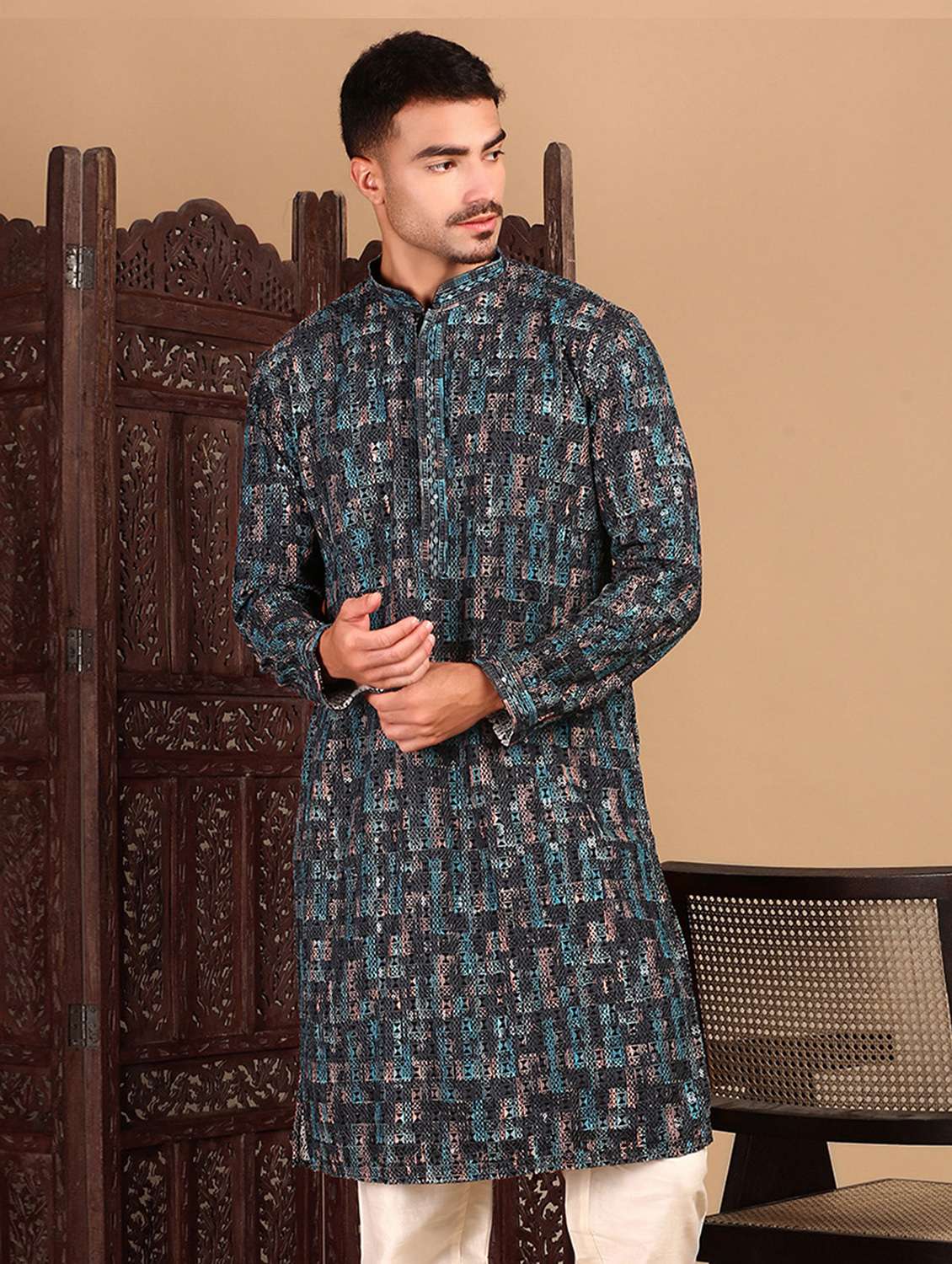 men printed mandarin neck long kurta
