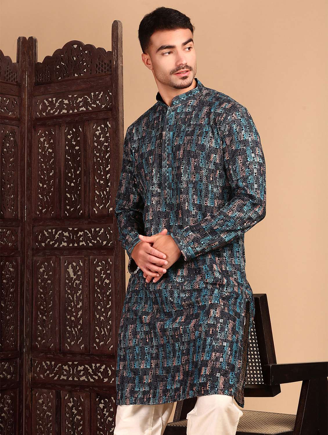 men printed mandarin neck long kurta - 22374636 -  Standard Image - 5