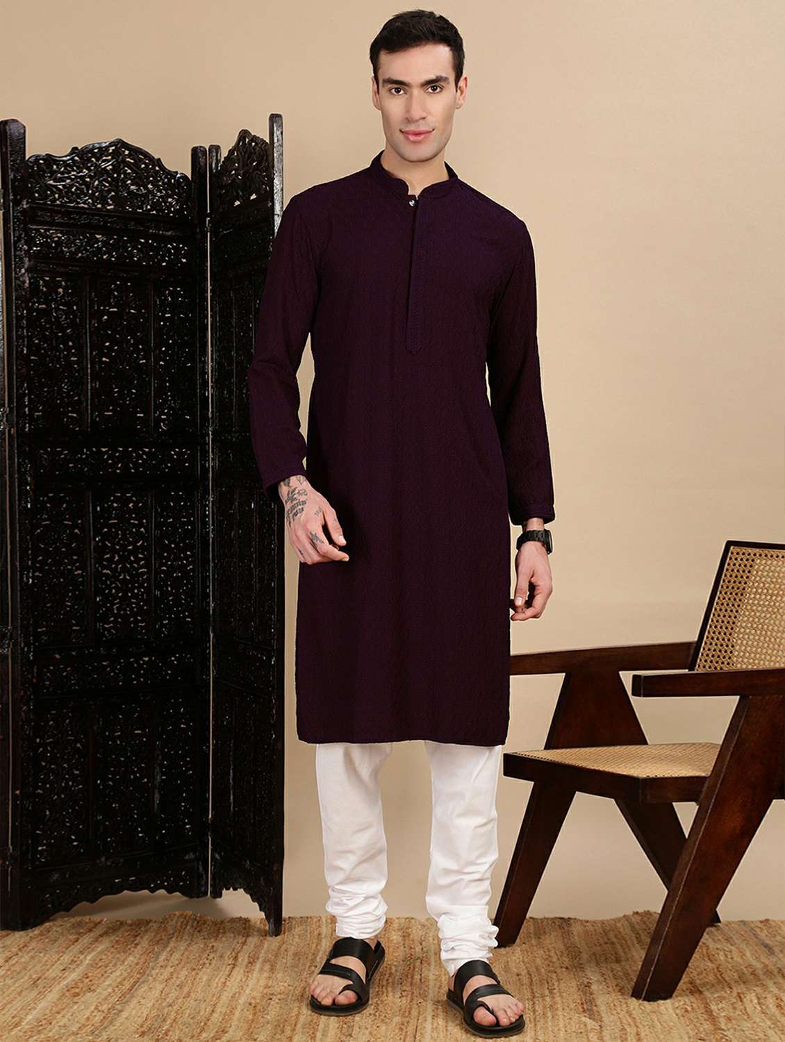 men long sleeve kurta and churidar set