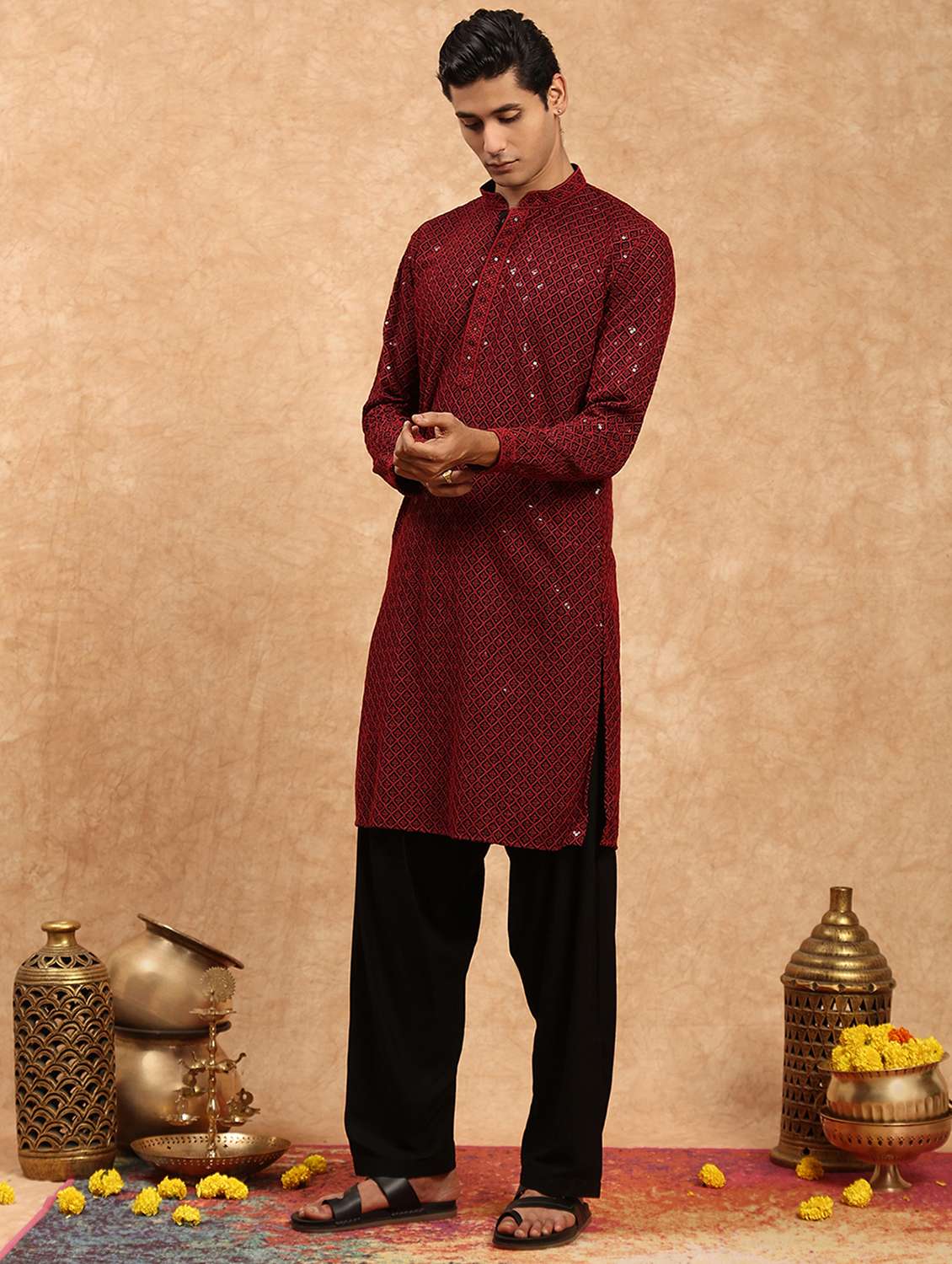 men solid with work kurta and pyjama set