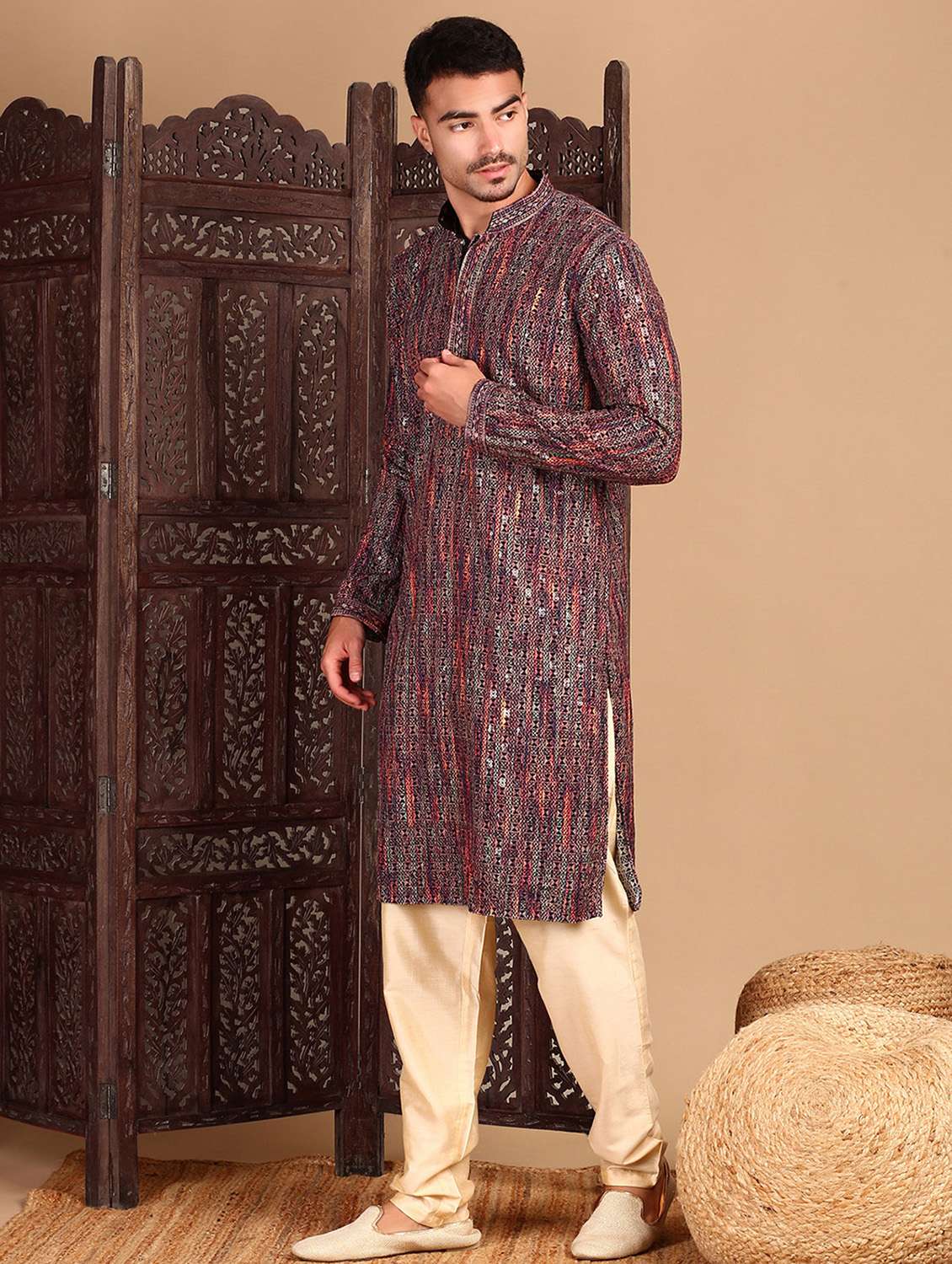 men self design kurta and churidar set