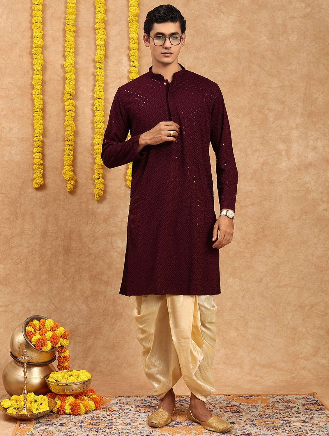 men self design kurta and dhoti set
