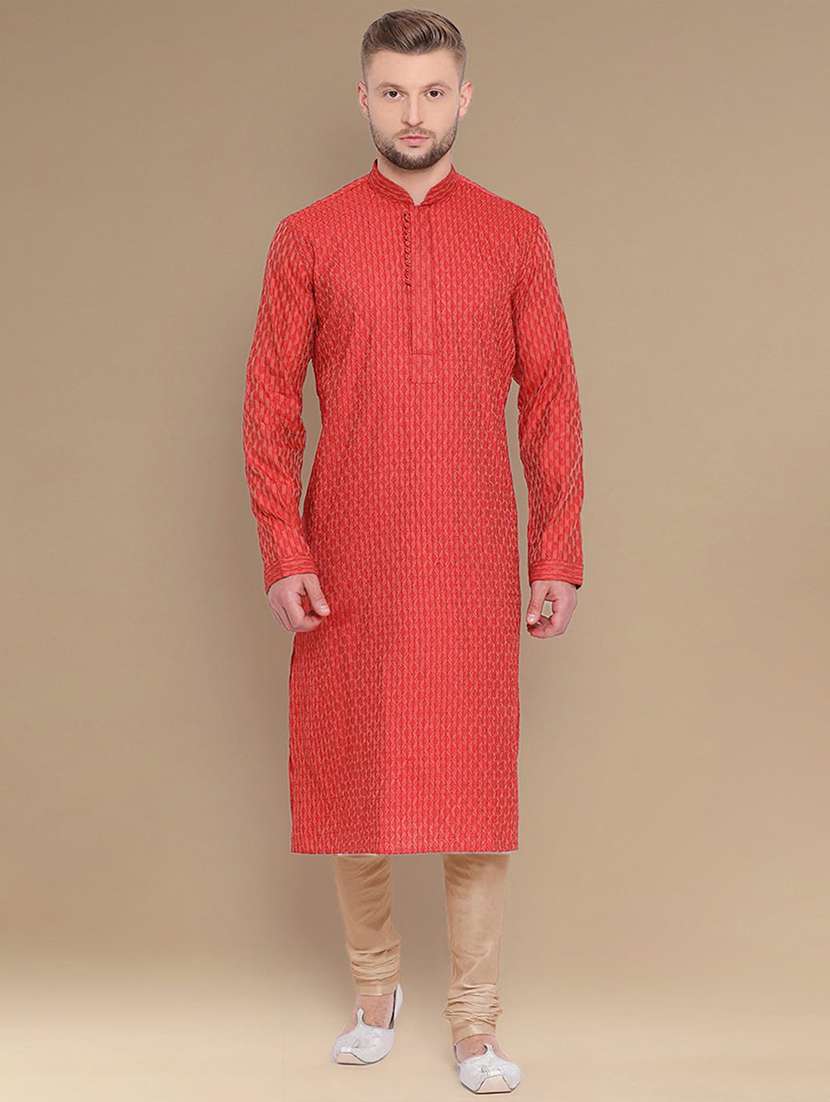 red fur kurta pyjama ethnic wear set