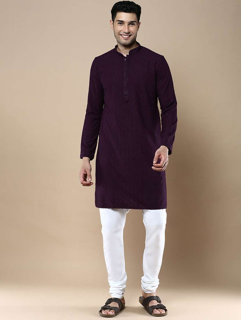 purple self design cotton kurta pyjama set