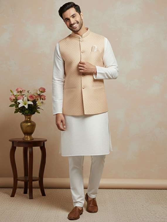 men long sleeve kurta pyjama with nehru jacket 