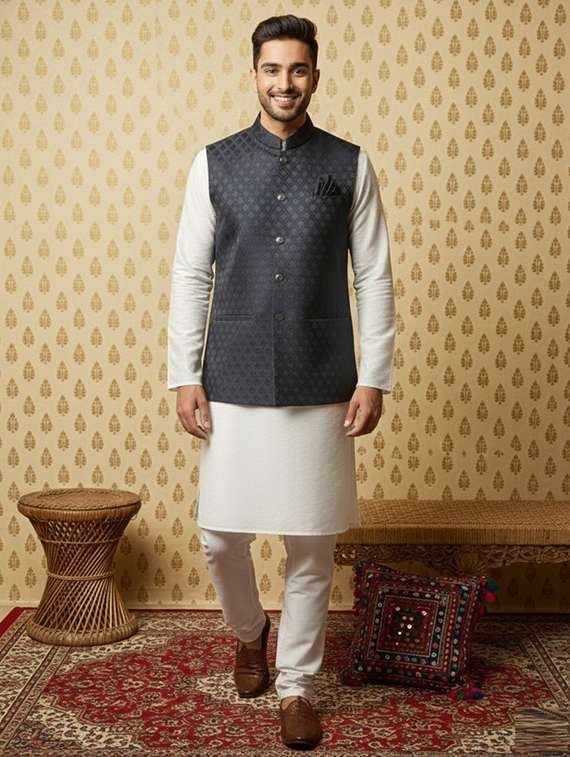men long sleeve kurta pyjama with nehru jacket 