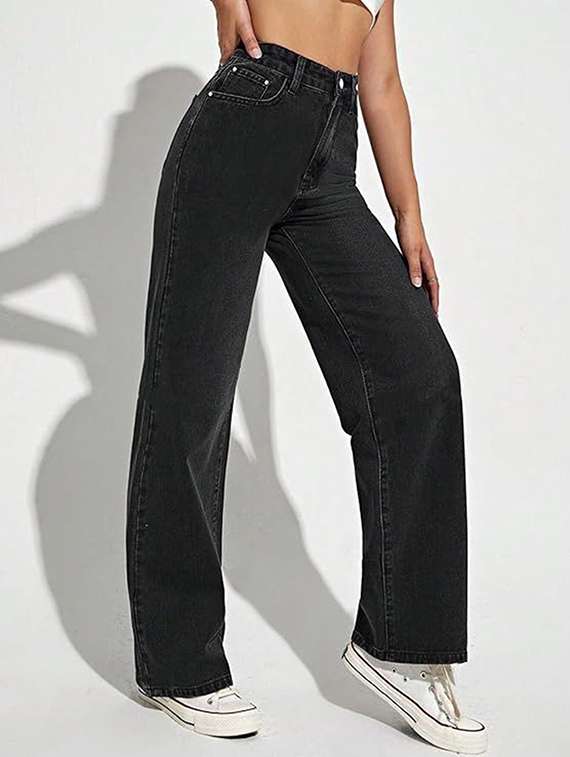 women solid high rise straight jeans