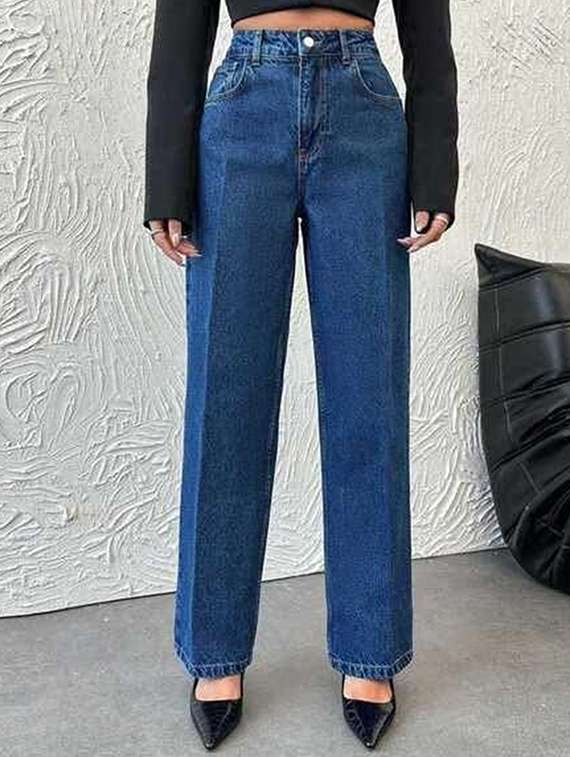 women solid high rise straight jeans